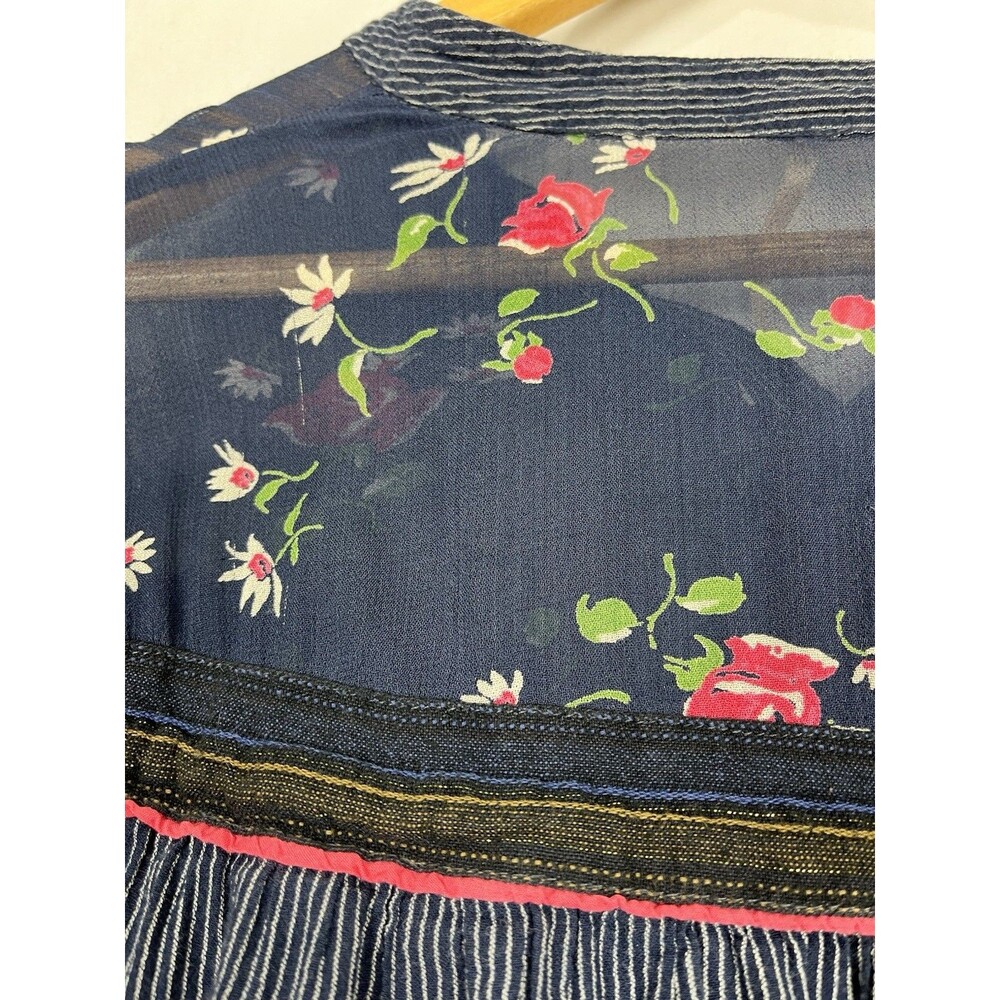 Free People Boho Tunic Top Blue Stripe Floral Sheer Yoke Long Sleeve Size S - Picture 10 of 11